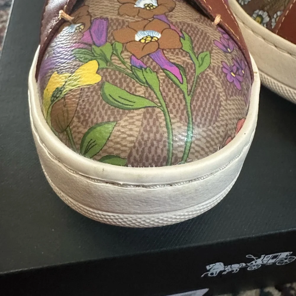 Coach women’s 9.5 B lowline Coated Canva Tan/Rust shoes sneakers floral with box - Picture 7 of 15